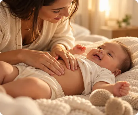 Mamãe fazendo massagem na barriga do bebê